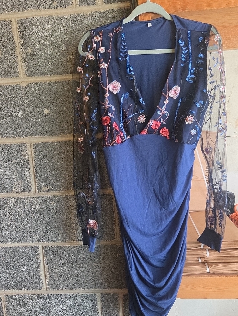 SHEIN Navy Blue Floral Embroidered Mesh Sleeve Dress